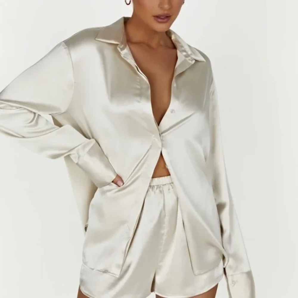 Meshki Satin Button-Down Shirt in Ivory
